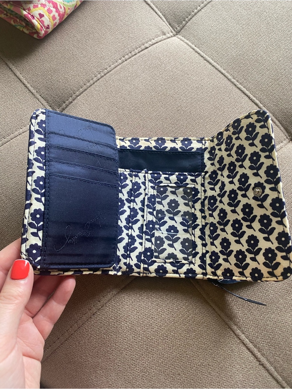 Vera Bradley Navy and White Quilted Floral Trifold Wallet - Picture 3 of 5